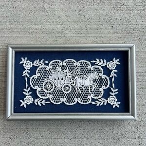 Vintage Framed Lace Embroidery – Horse & Carriage – Blue Textile Art – 7.5” Wide